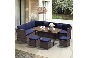 YOCONYO Patio Furniture Set, 7 Pieces Outdoor Dining Sets, All Weather Rattan Conversation Set Outdoor Dining Sectional Sofa with Dining Table, Ottoman (Brown-Navy, B-7 Pieces)