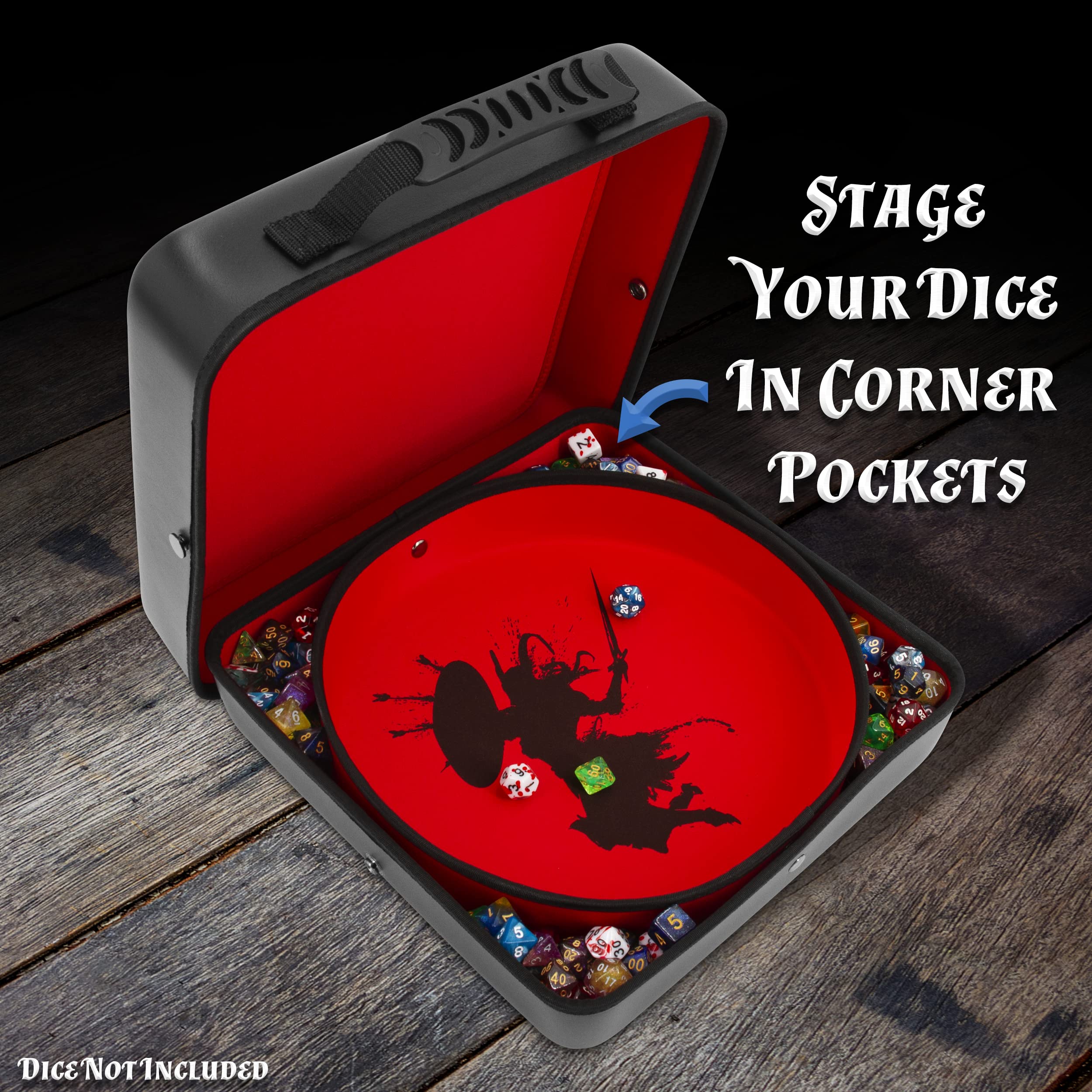CASEMATIX XL Dice Tray and DND Dice Holder Travel Case for Up to 700 RPG Dice - Expanding Design with 3 Dice Rolling Tray Arenas, Embossed PU Leather Exterior and Printed Dice Trays