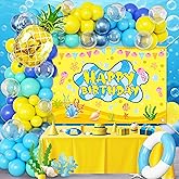 Cartoon Sponge Balloon Arch Kit-Blue Green Yellow Balloons Birthday Decorations For Boys girl,Party Decor Supplies Girls Including Happy Birthday Backdrop