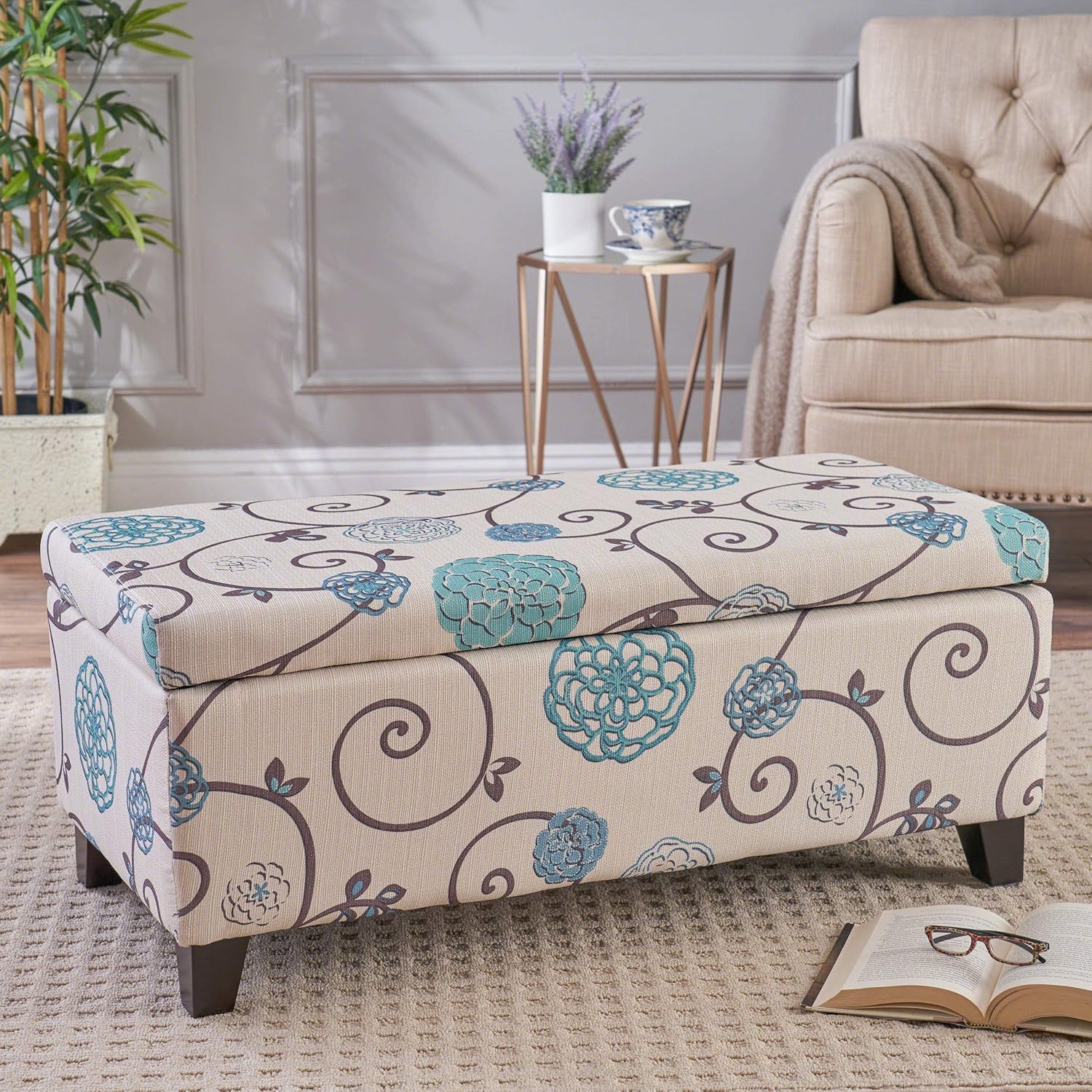 Christopher Knight Home Breanna Fabric Storage Ottoman, White And Blue Floral: Kitchen & Dining