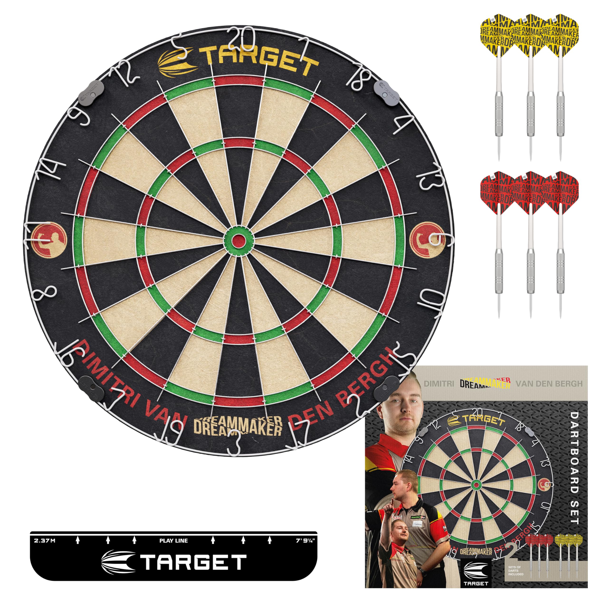 Target Darts Dimitri Van den Bergh Dartboard Set | Player Edition Dart Board Set with 2 Sets of Steel Tip Darts, Competition Standard Throw Line | Professional Darts & Dartboards