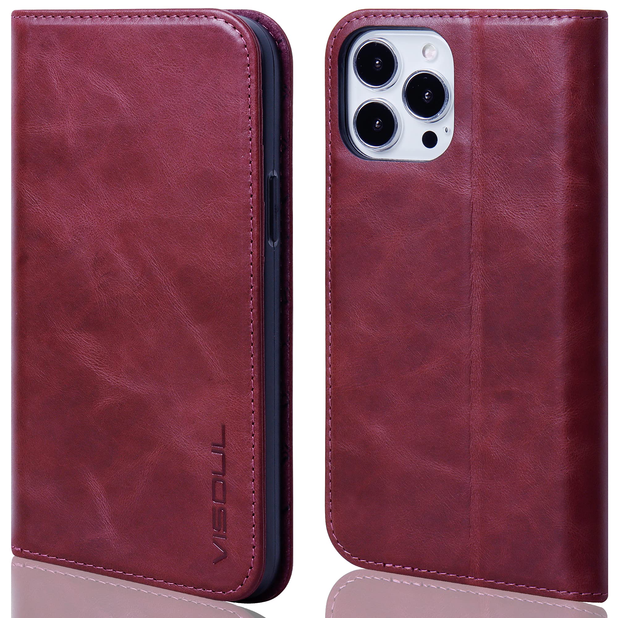 VISOUL Wallet Case Compatible for iPhone 13 Pro 6.1" 2021 Genuine Leather Folio Case, RFID Blocking, Magnetic, 3 Credit Card Slots, Kickstand, Shock Absorbing-Purple