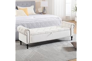 HOMYKA Velvet Storage Bench 67 Inch Upholstered Tufted Ottoman Bench with Arms Large Storage Space King Size End of Bed Benches for Bedroom Living Room Entryway Beige