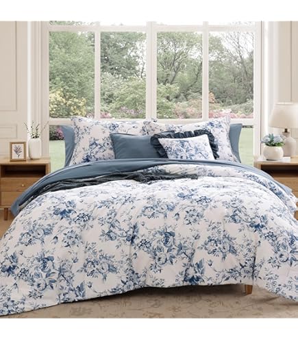 Amrapur Overseas Modern Threads Set Trapunta Floreale King 8 Pezzi - Blu, 100% Poliestere, Lavabile