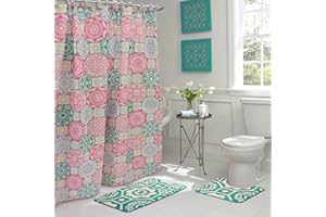 Creative Home Ideas 15-Piece Bathroom Shower Curtain Set – Set of 1 Shower Curtain & 12 Metal Hooks & 1 Bath Mat & 1 Contour Mat, Modern Bathroom Décor, Machine Washable, Addison Pink/Blue/Green