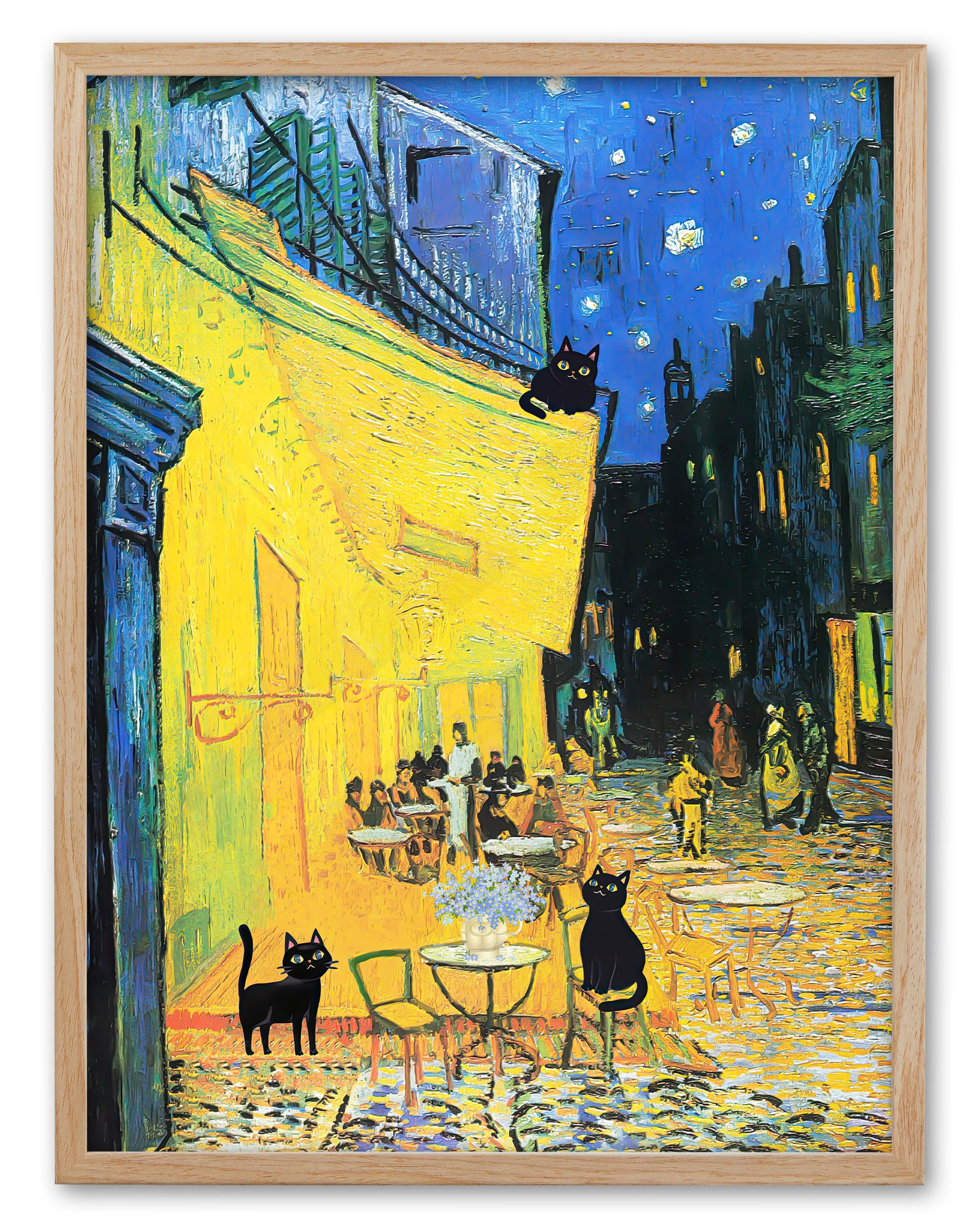 UPWOIGH Beige Oak Wood Framed Canvas Wall Art,30x40CM,3 Black Cats at Vincent Van Gogh's Cafe Terrace at Night,Impressionist Painting,French Cityscape Print,Funny Cat for Kids Room Bathroom,1Pack