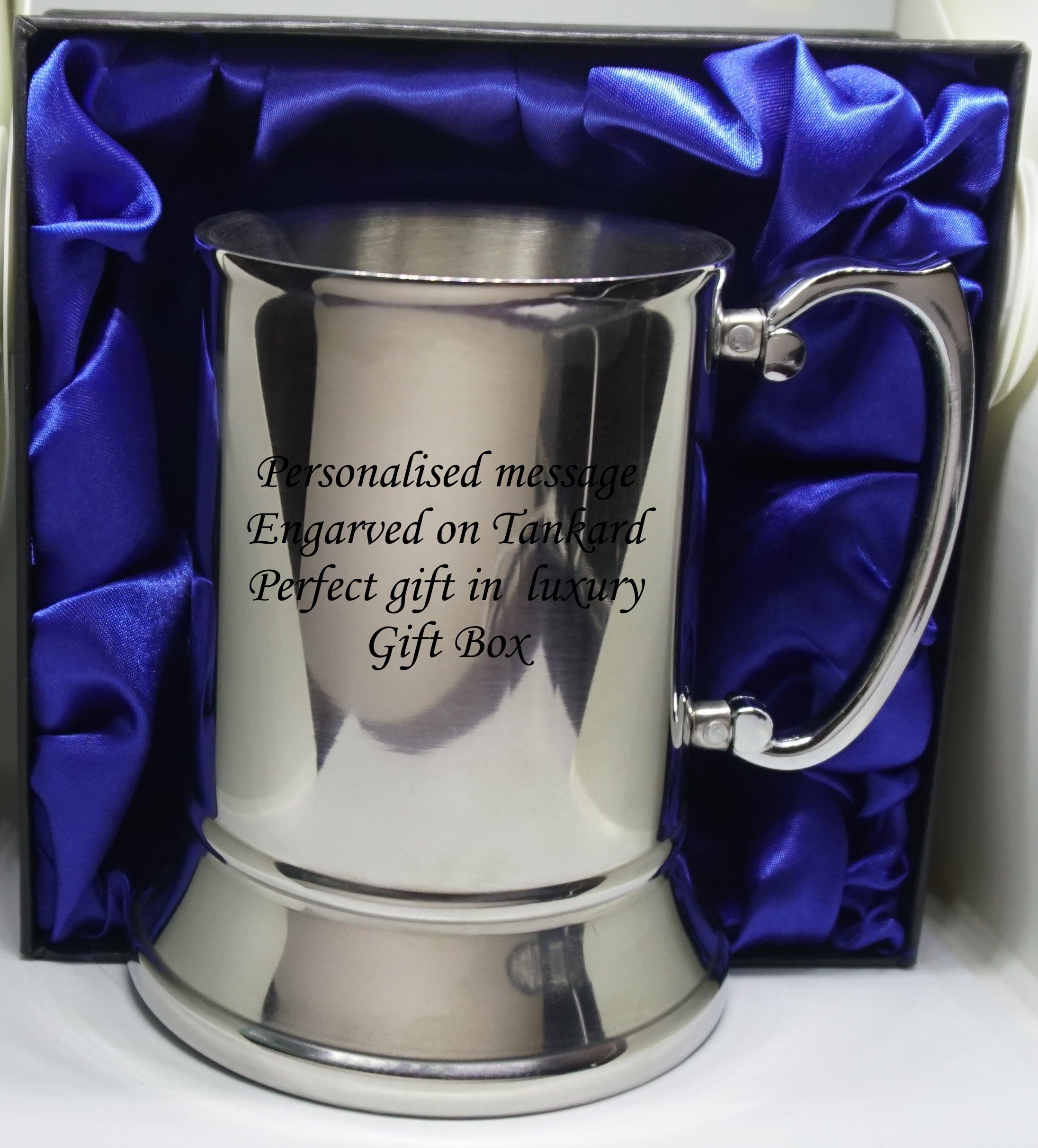 Personalised, Engraved Stainless Steel tankard in Gift Box with Blue Liner