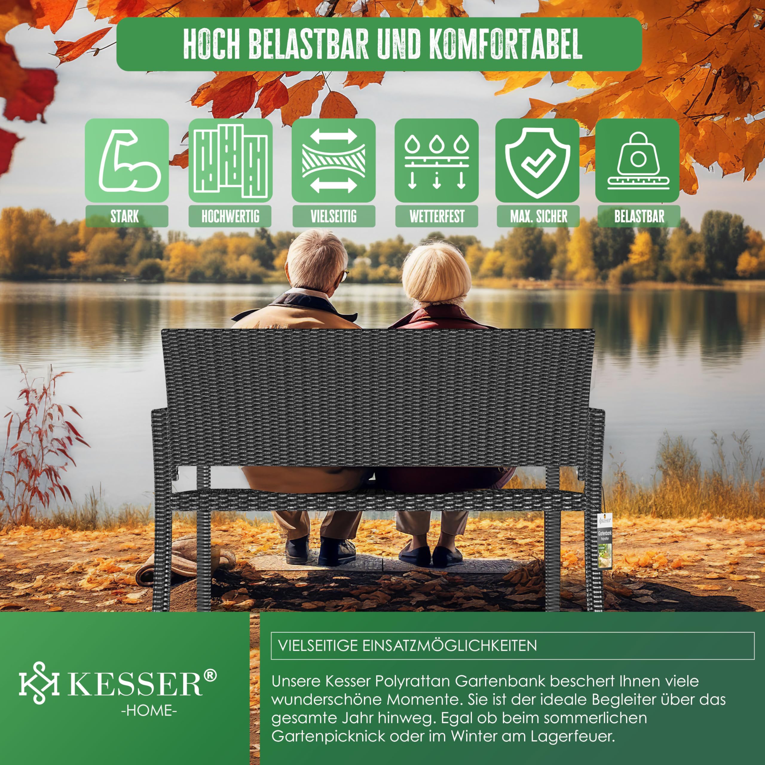 KESSER® Gartenbank Polyrattan 2-Sitzer Wetterfest | Rattan Sitzbank UV-Beständig bis 320kg belastbar | Balkon Bank 125x62x90cm Garten-Möbel mit Cover & ergonomischen Armlehnen für 2 Personen Anthrazit 8