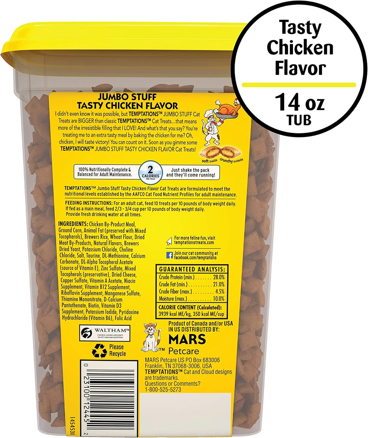 TEMPTATIONS Jumbo Stuff Crunchy and Soft Cat Treats, Tasty Chicken Flavor, 14 oz. Tub : Pet Supplies