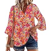 LOOKBOHO Womens Boho Tops Ruffle 3/4 Sleeve Button V-Neck Dressy Casual 2025 Fall Bell Sleeve Floral Business Blouses
