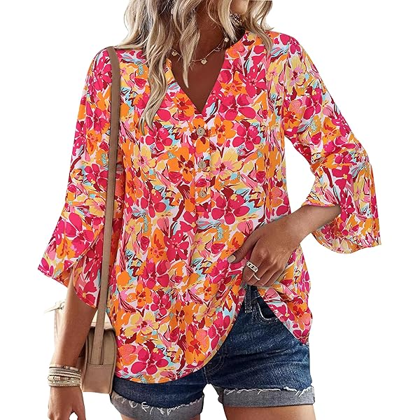 Pkabogbi Women's Bell Sleeve V-Neck Top - 3/4 Sleeve Loose Pleated Blouse For Summer & Casual Work Wear - View #10