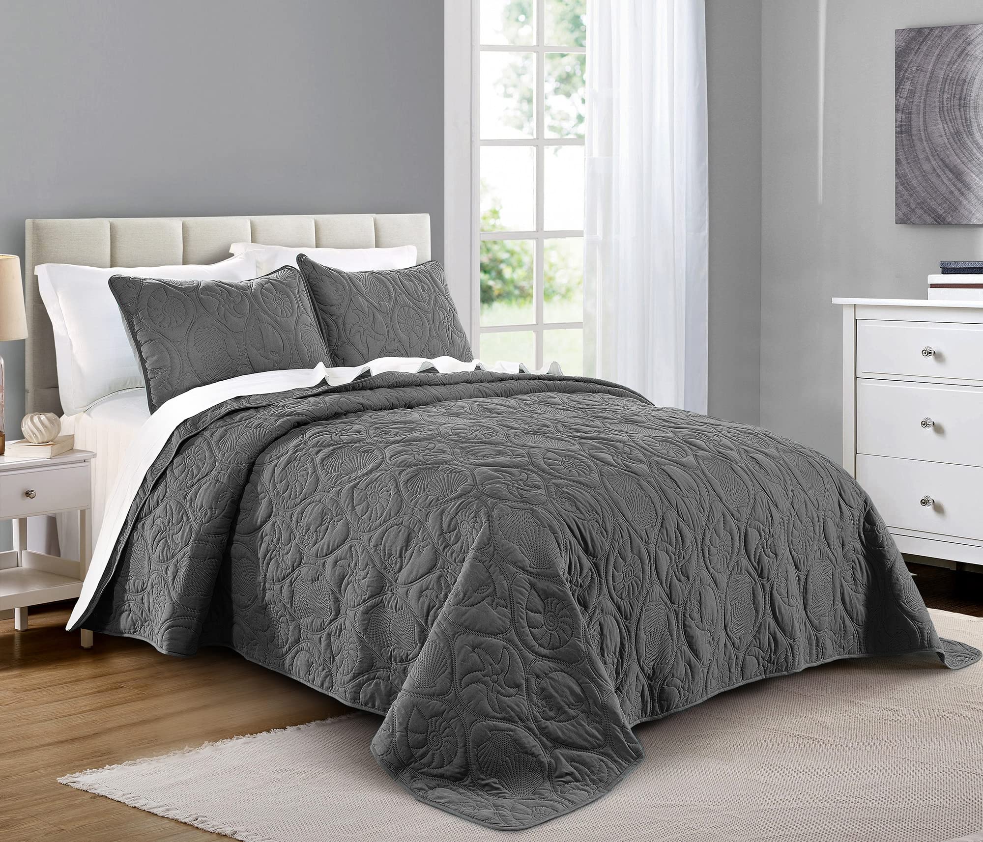 Pure Bedding Quilt Set Full/Queen Size Dark Grey - Oversized Bedspread - Soft Microfiber Coverlet for All Season - Includes 1 Quilt and 2 Shams, Ocean Star Pattern Image