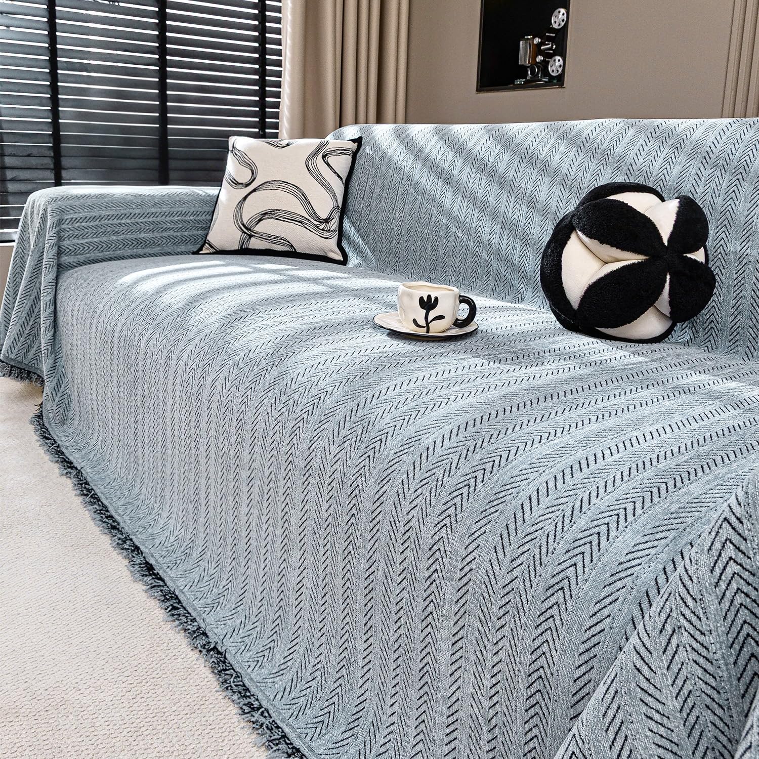 Photo 1 of Nobildonna Chenille Couch Cover for Sofa Cover Washable Pet Scratch Couch Covers Tassel Sofa Slipcover for 3 Cushion Couch,Furniture Protector Blanket for Living Room,Dusty Blue 91"x118"