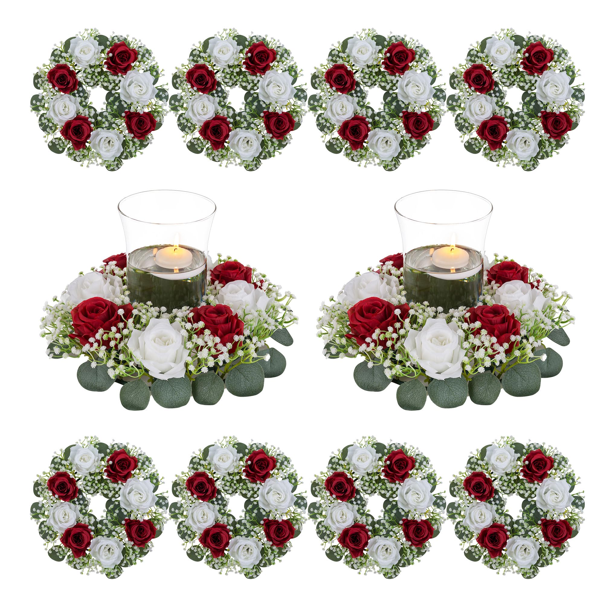 Photo 1 of BLOSMON Wedding Table Flower Centerpiece: 10 Pcs 14 Inch Diam Large Crimson White Rose Babys Breath Artificial Flowers Candle Rings Wreaths for Home Party Table Decor Spring Floral Wreath