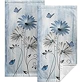 Kwlegh Blue Flower with Butterfly Hand Towels Set of 2 Navy Blue and White Coreopsis Floral Fingertip Kitchen Towels Rustic Farmhouse Bath Towel Soft Absorbent Cotton Towels for Face,Gym,Spa