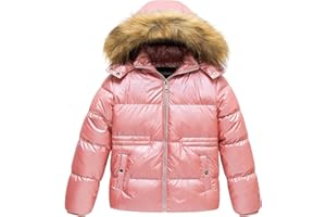 CREATMO US Girl's Kids Metallic Shiny Jacket with Detachable Fur Collar Warmth Winter Outerwear