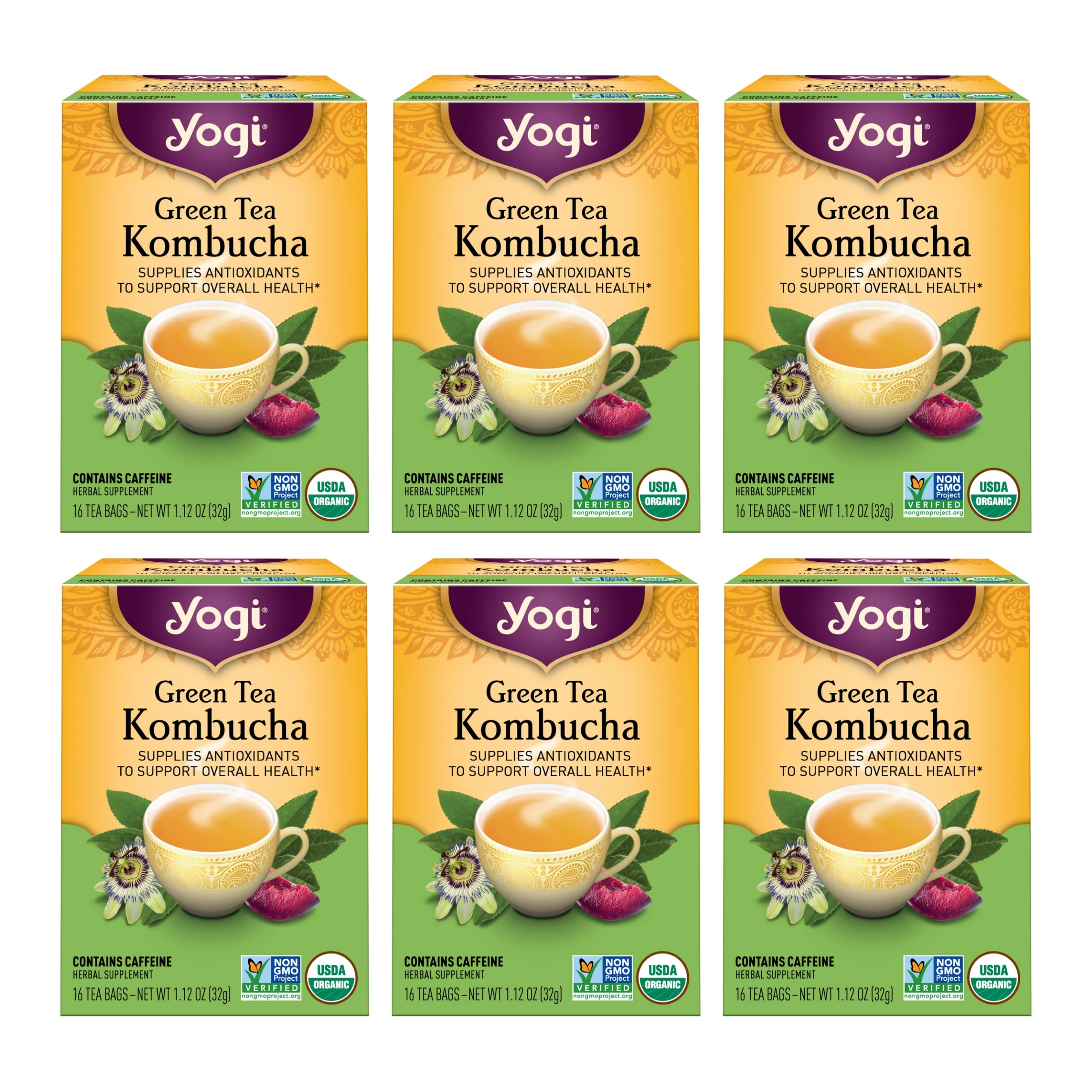 Yogi Tea - Green Tea Kombucha (6 Pack) - Supplies Antioxidants to Support Overall Health - Contains Caffeine - 96 Organic Green Tea Bags