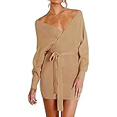 ZESICA Women's Fall Long Batwing Sleeve Wrap V Neck Knitted Backless Bodycon Pullover Sweater Dress with Belt