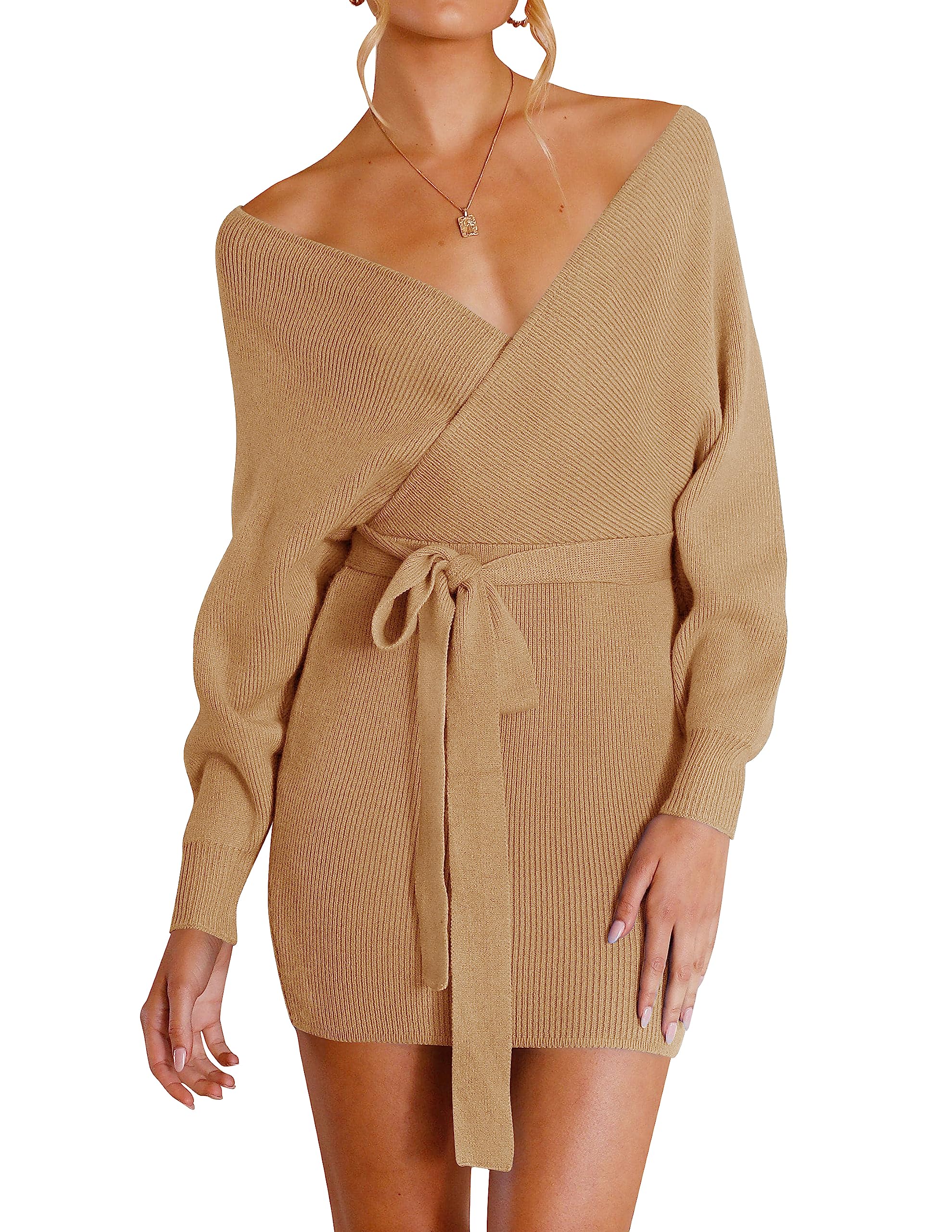 Photo 1 of ZESICA Women's Fall Long Batwing Sleeve Wrap V Neck Knitted Backless Bodycon Pullover Sweater Dress with Belt,Camel,Medium