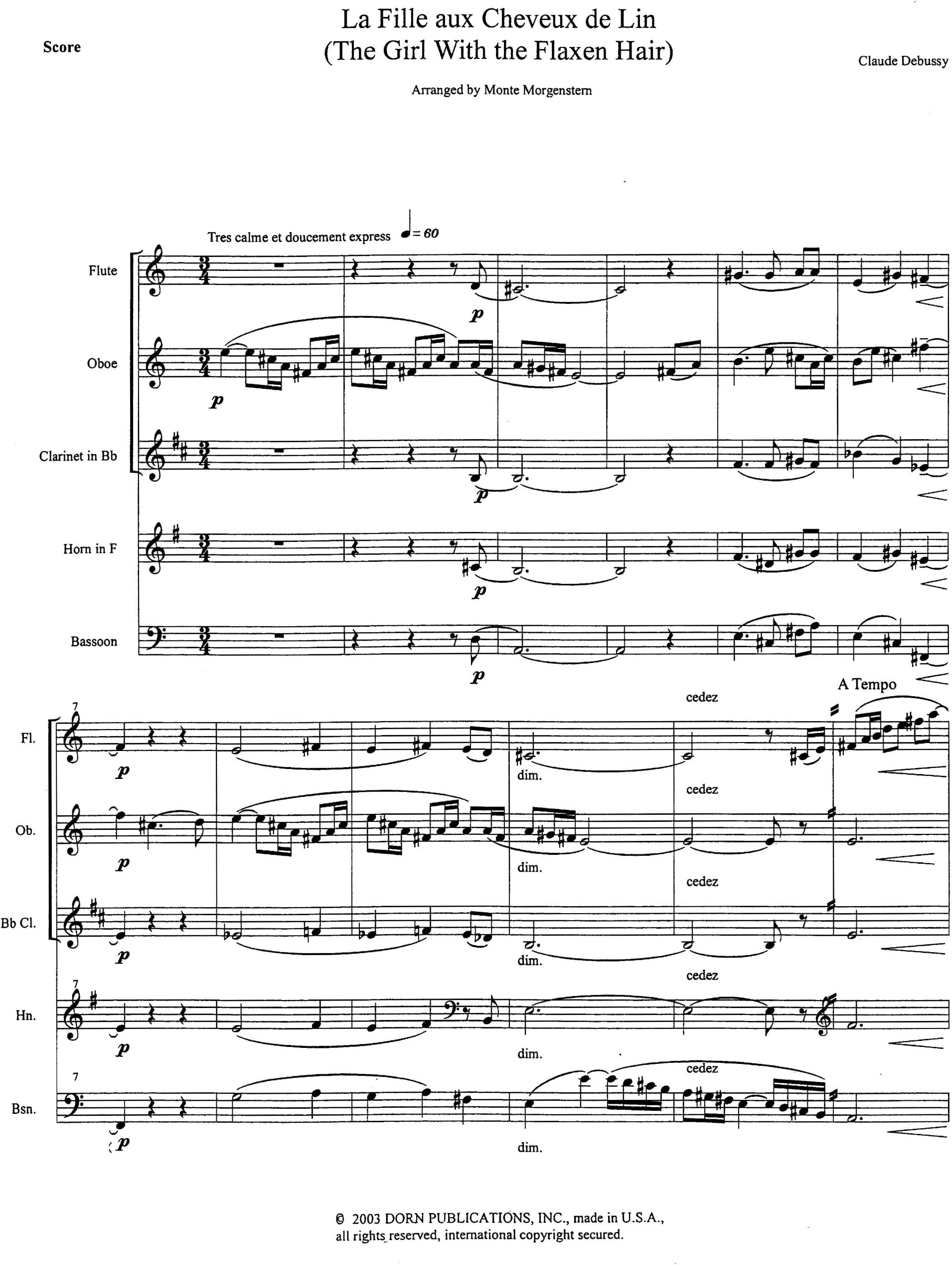 The Girl With the Flaxen Hair for Woodwind Quintet by Claude Debussy