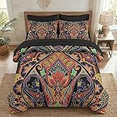 Nesker 7 Pcs Comforter Set Queen Size, Paisley Boho Plant Bedding Set for Kids and Adults, Bohemian Retro Floral Bed Sheet Sets with Fitted Sheet 2 Pillowcases & 2 Shams