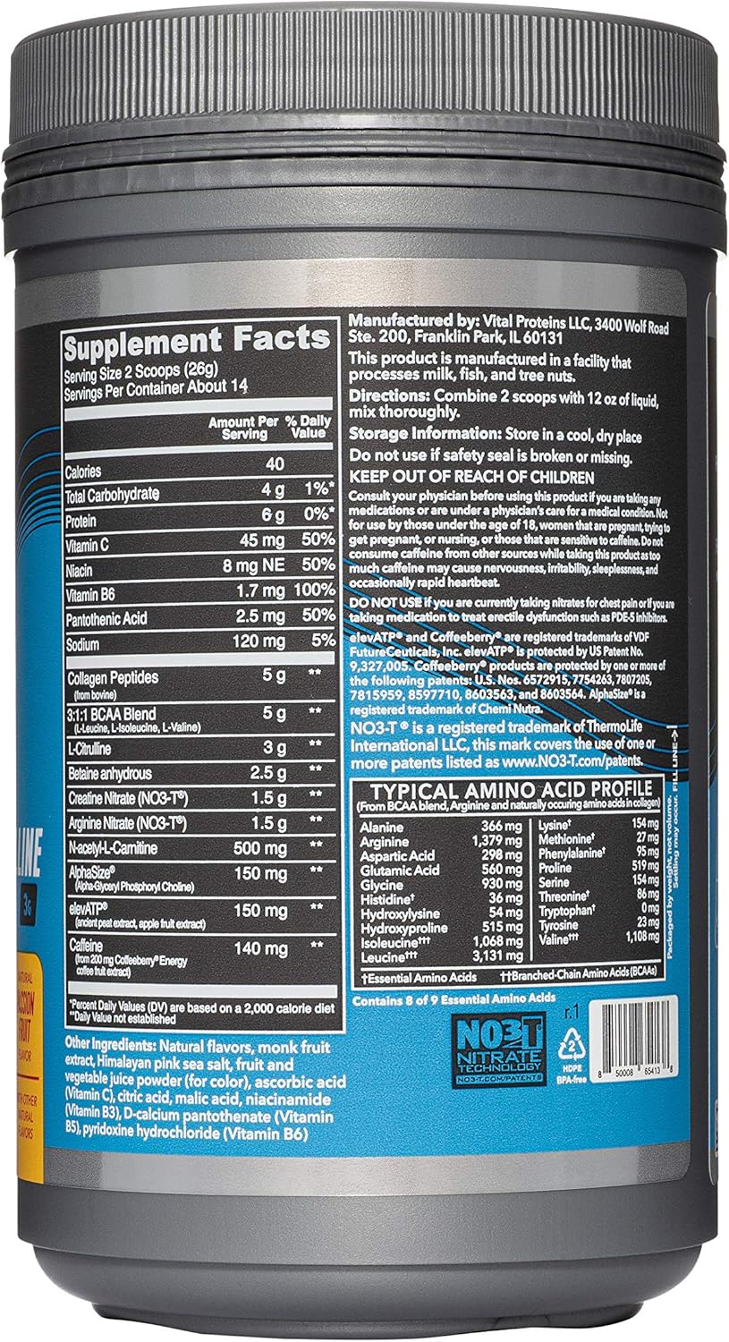 NSF Certified Low Sugar PreWorkout Powder - Vital Proteins - 5g of Collagen, 5g BCAAs, 3g Citrulline (Passionfruit): Health & Personal Care