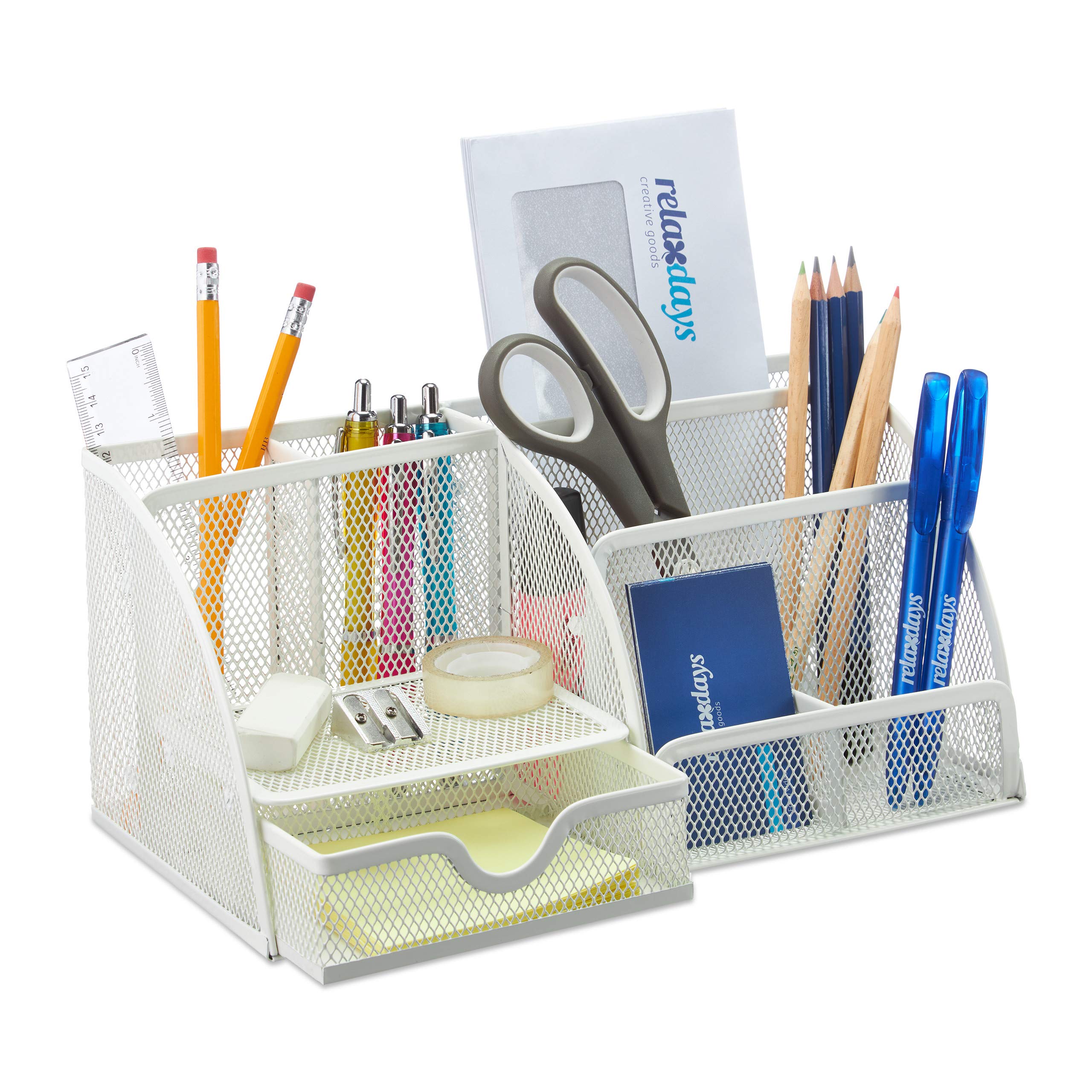Relaxdays Desk Organiser, Modern Look, Metal Mesh, Total Dimensions: H x W x D: 13 x 28 x 14 cm, White