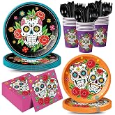 168pcs Day of the Dead Plates Napkins Dia de Los Muertos Decoration | Sugar Skull Paper Plates Cups Disposable Tableware for Day of The Dead Party Supplies Serve 24