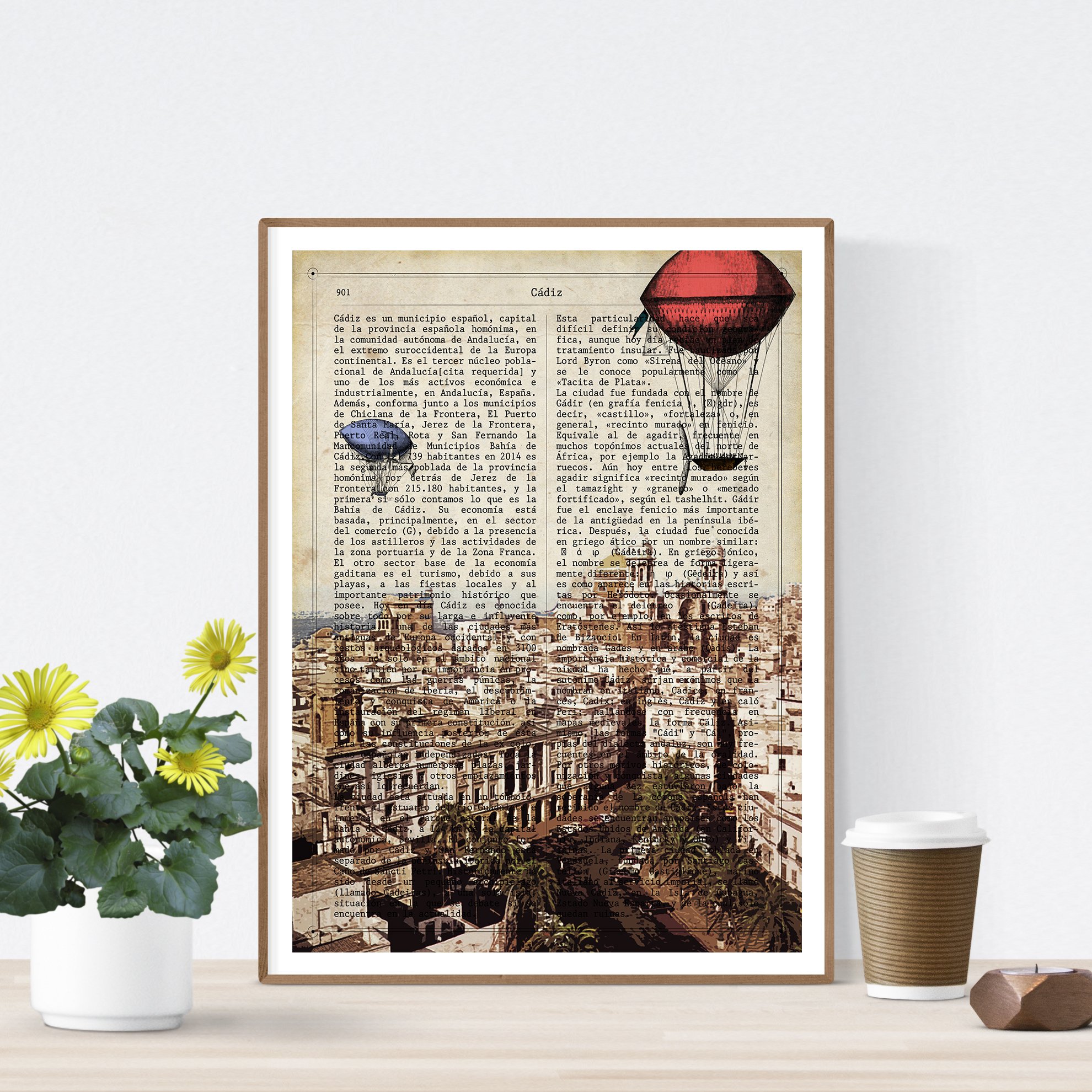 Nacnic Print Cadiz City. Vintage style. Illustration, photography and collage with the history of Cadiz. Poster size A4 printed on paper