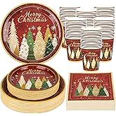 Purhapfre 200Pcs Christmas Paper Plates Napkins and Cups Set, Xmas Disposable Party Dinnerware with Merry Tree Design, Holiday Tableware Supplies,Serves 50
