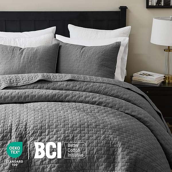 PALASSIO DARK GREY 100% COTTON QUILT KING SIZE BEDDING SETS WITH 2 PILLOW SHAMS, TEXTURED LIGHTWEIGHT SOFT BEDSPREAD SHABBY CHIC COVERLET, QUILTED COMFORTER BED COVER FOR ALL SEASON, 3 PIECES
