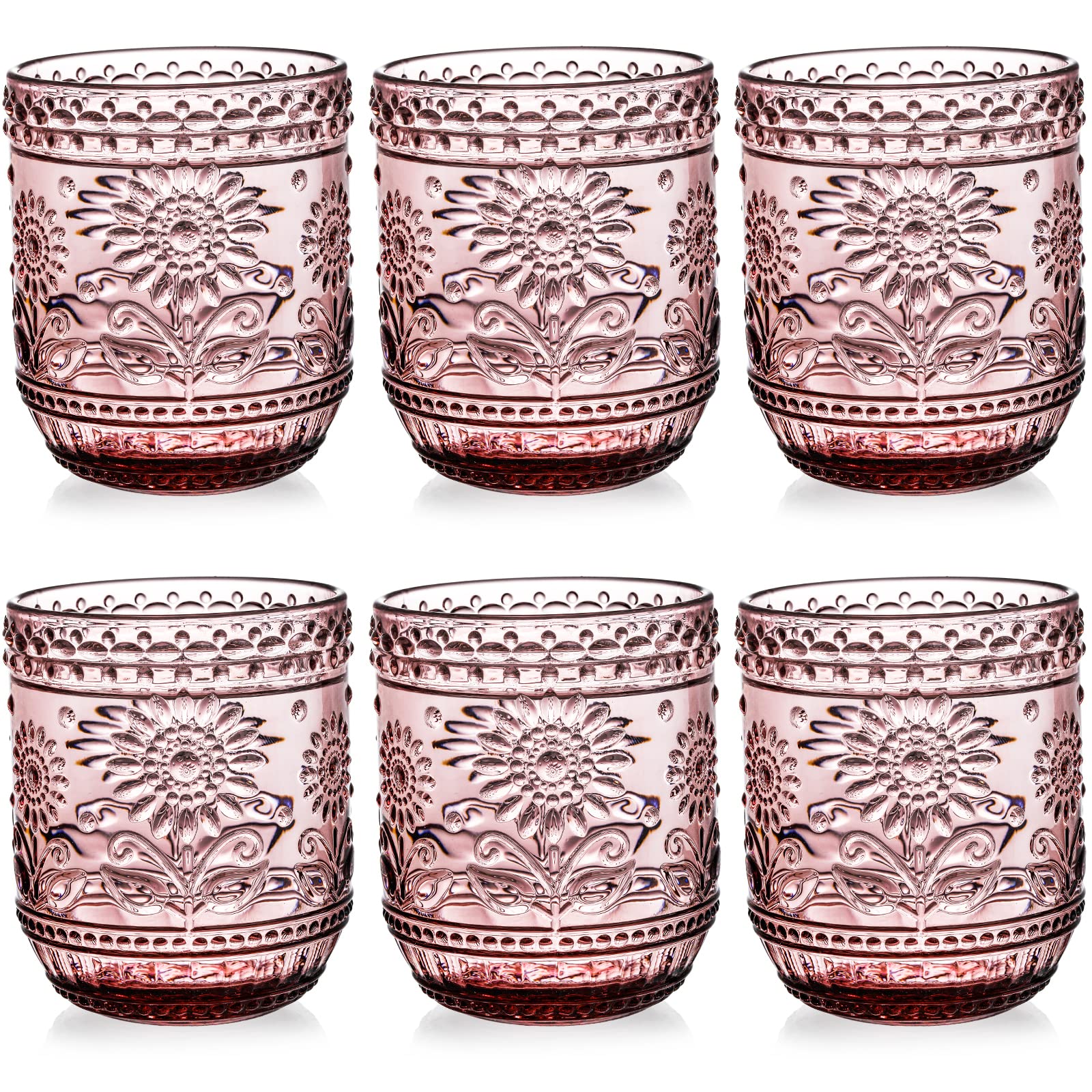 Hacaroa 6 Pack 350 ml Drinking Glasses, Vintage Water Glasses Purple Colored Glassware Heavy Duty, Decorative Floral Embossed Beverages Tumblers for Whisky, Beer, Juice, Wine