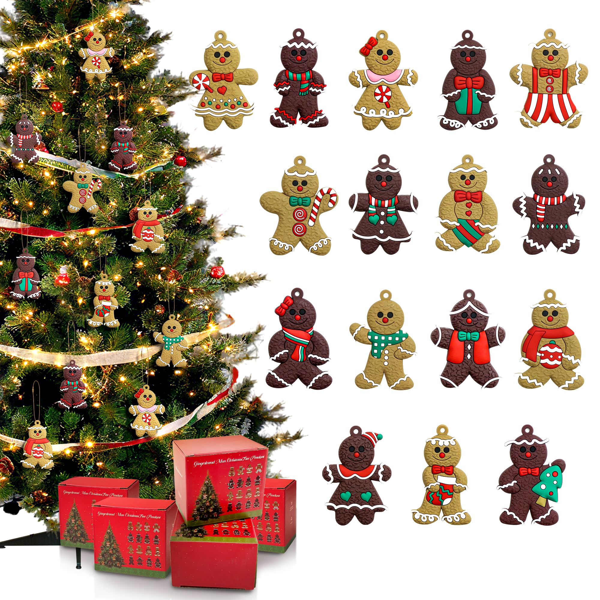 Gingerbread Christmas Decorations -16-Pcs Gingerbread Man Ornaments for Christmas Tree Set with Gift Box, 3 '' Assorted Hanging Decor for Christmas Tree, Indoor Home, Office & Holiday Party Decoration