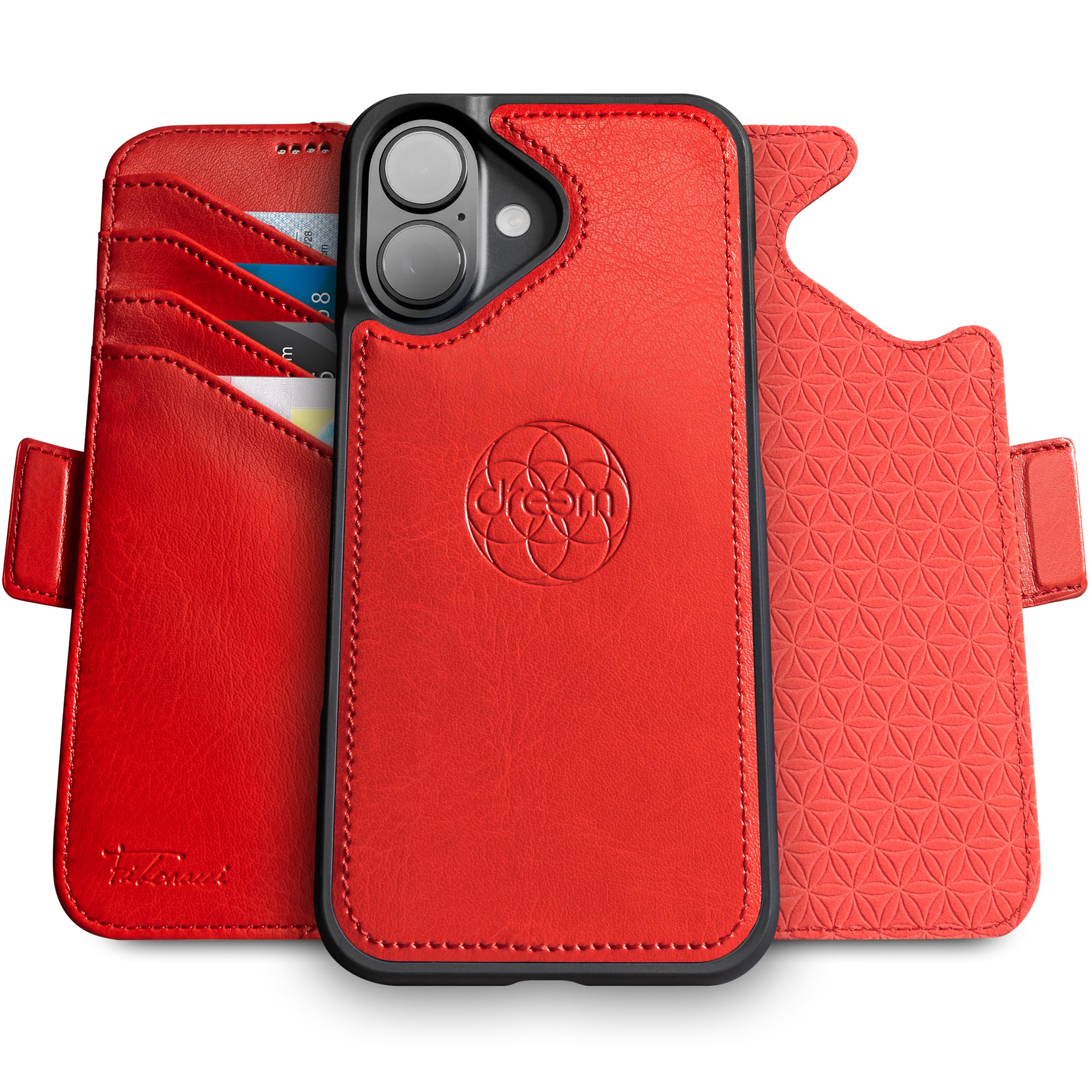 dreem Wallet Case for iPhone 16, Revolutionary Vert/Hor Phone Stand, Magnetic Detachable Vegan Leather Flip Cover RFID Blocking Card Holder, MagSafe-Fit, Gift Box [Fibonacci: Red]
