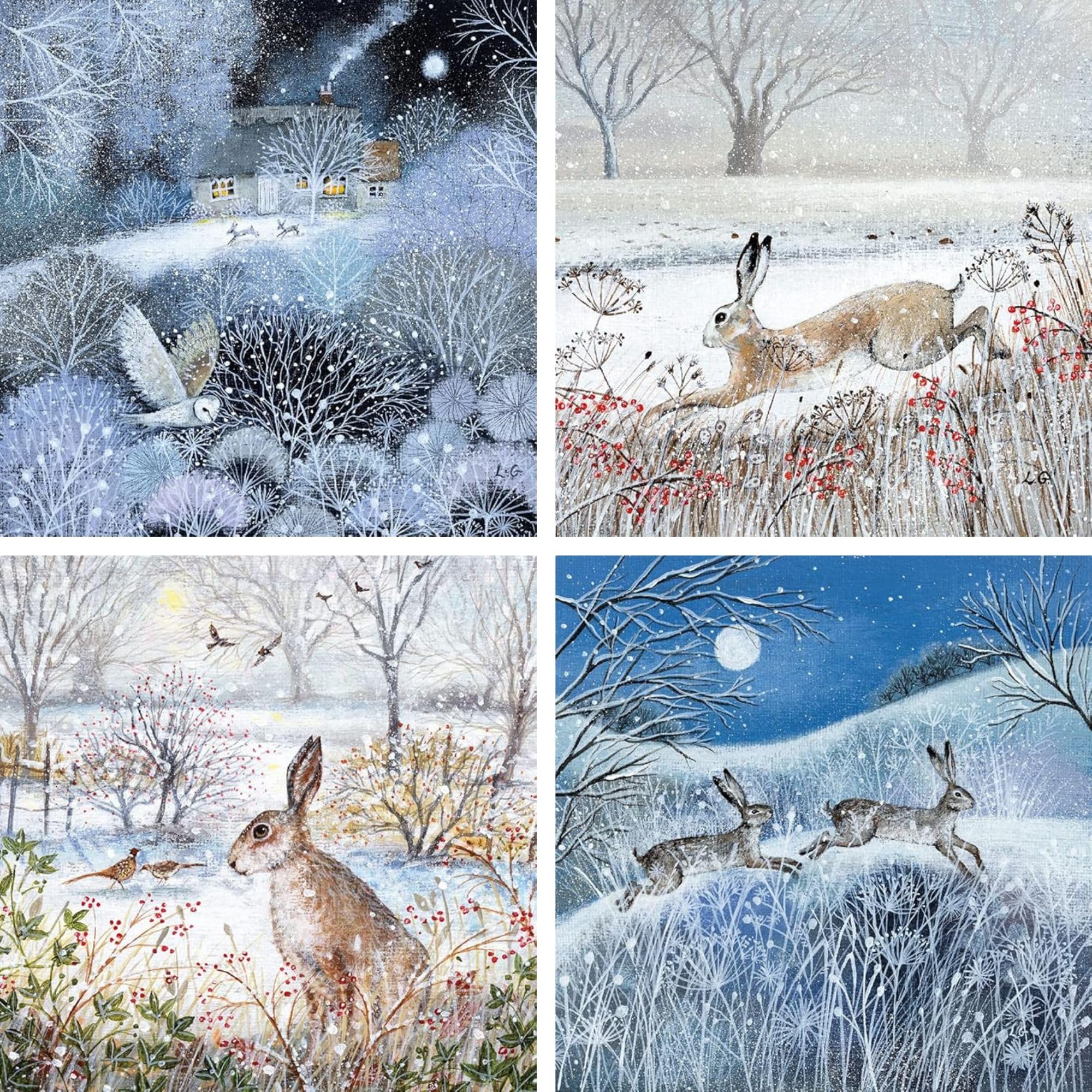 Museums & Galleries Charity Christmas Cards Pack of 20 - Festive Hares & Owls in the Snow - Assorted Premium Greeting Cards Multipack with Envelopes - 5 Each of 4 Designs - Supporting UK Charities