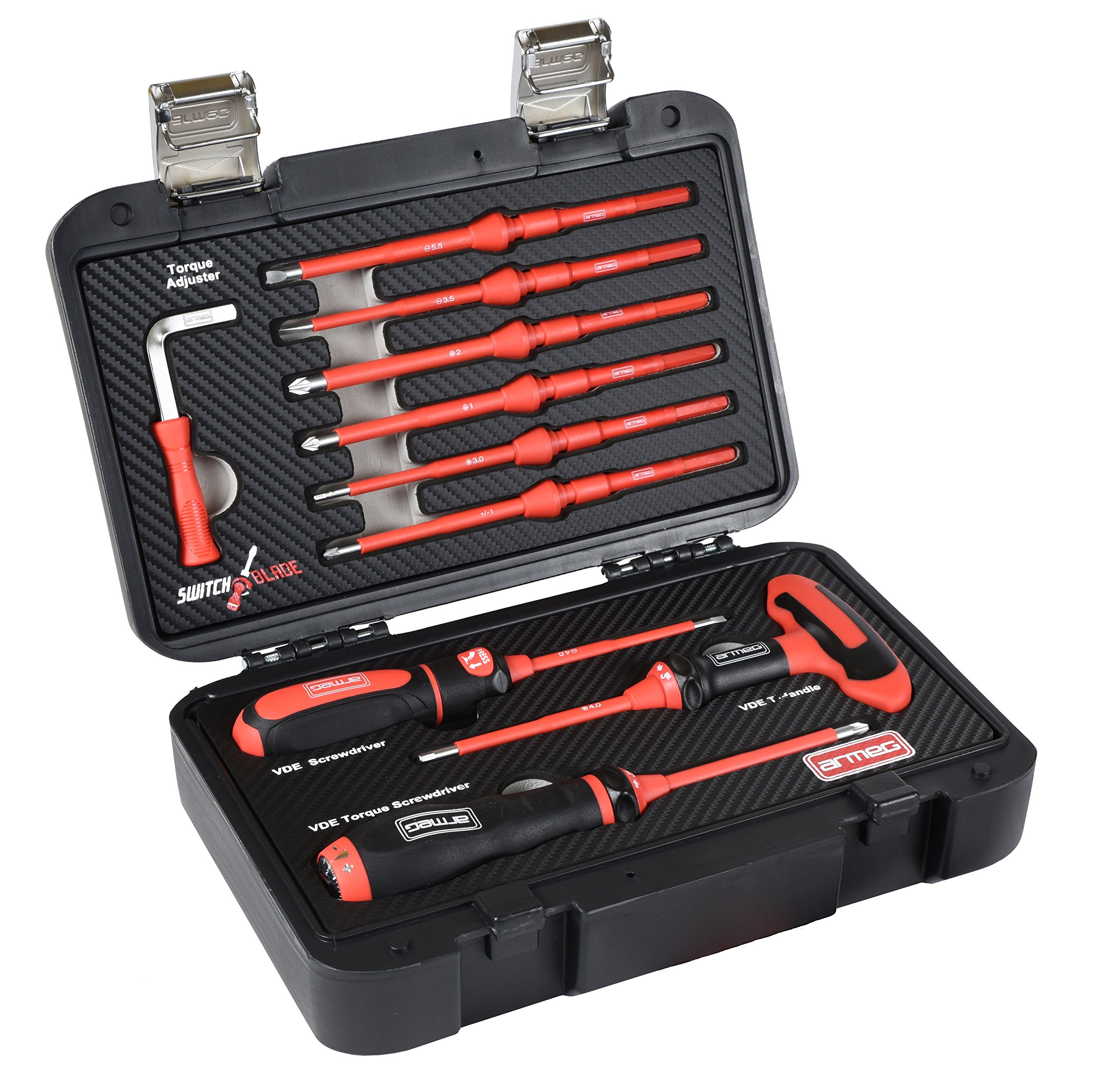 Armeg SDSBSET001FL Fully Loaded VDE Adjustable Torque Screwdriver Set - Black/Red (13-Piece)