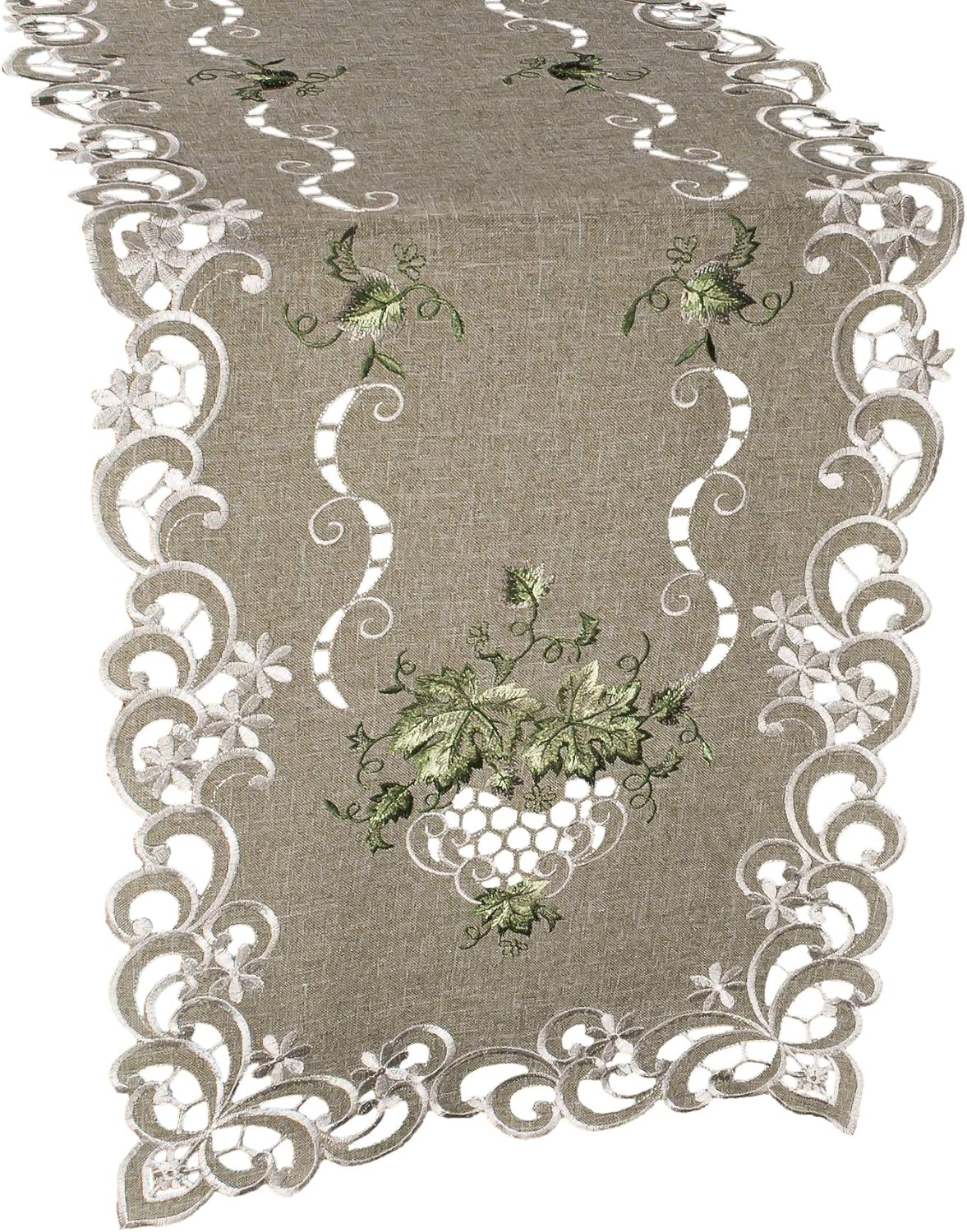 Linens, Art and Things Embroidered Green Leaf on Antique Green Fabric 16 x 35 Inch Table Runner Dresser Scarf Coffee Table Doily