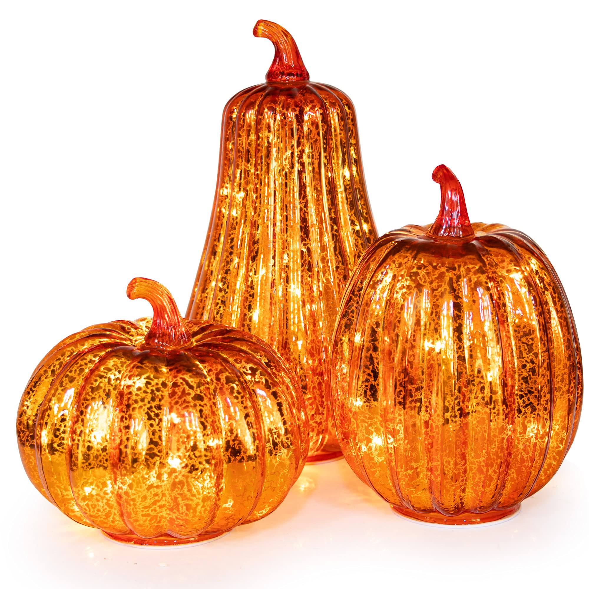 Photo 1 of KI Store Glass Pumpkin with Lights and Timer Set of 3 10.8-Inch 8.5-Inch 6.5-Inch Lighted Mercury Glass Pumpkins for Fall Halloween Thanksgiving Decorations Battery Operated