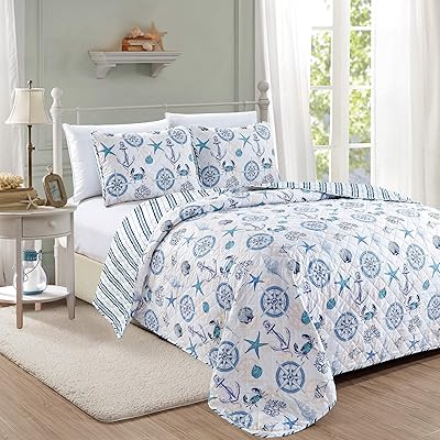 Great Bay Home Azure Coastal 3 Piece Quilt Set Beach Theme Full/Queen