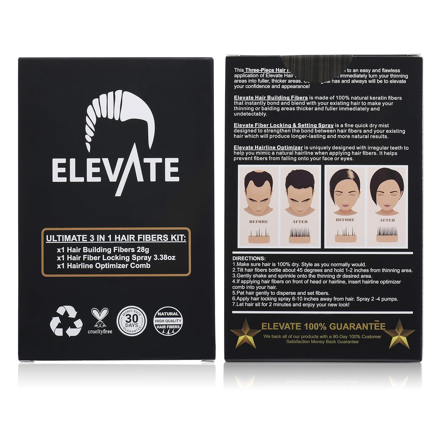 ELEVATE Hair Ultimate Perfecting 3-in-1 Kit Set Includes Natural Hair Thickening Fibers | Locking & Setting Hold Hair Spray | Hairline Optimizer Comb | Instantly Conceal & Thicken Hair (Dark Brown): Beauty