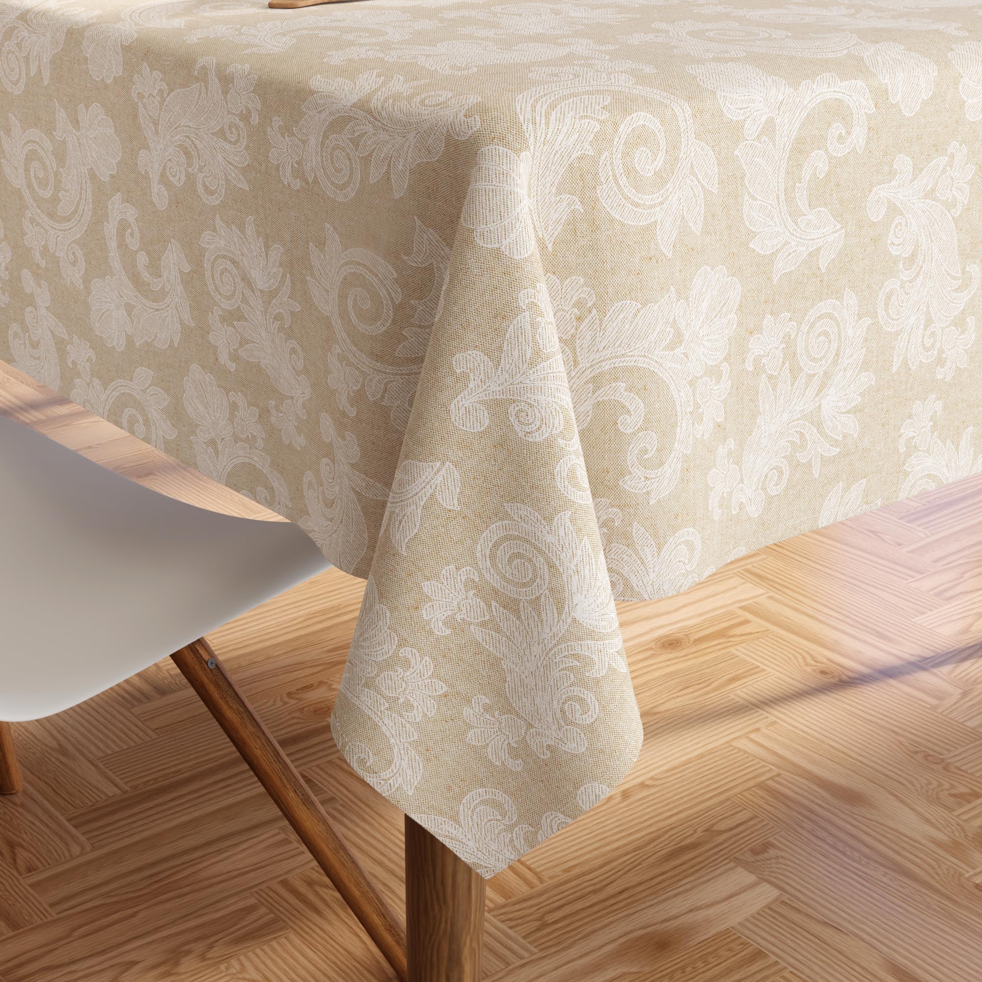 Encasa XO 8 to 10 Seater Dining Table Cloth 145x300 cm (57x118 in) I Floral Beige Jacquard Style Print on Chambray Homespun Cotton I for Family Gatherings, Parties I Washable — image 1