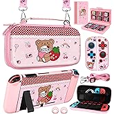 Gurgitat 8in1 Kits Accessories Bundle for Nintendo Switch 2017 - Cute Carrying Case, Protective Cover, Joy Con Grips, Thumb Grips, 24 Game Holder, Shoulder Strap Teens Boys Girls, Strawberry