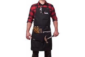 Hudson Durable Goods - Heavy Duty Waxed Canvas Work Apron with Tool Pockets (Black), Cross-Back Straps & Adjustable M to XXL