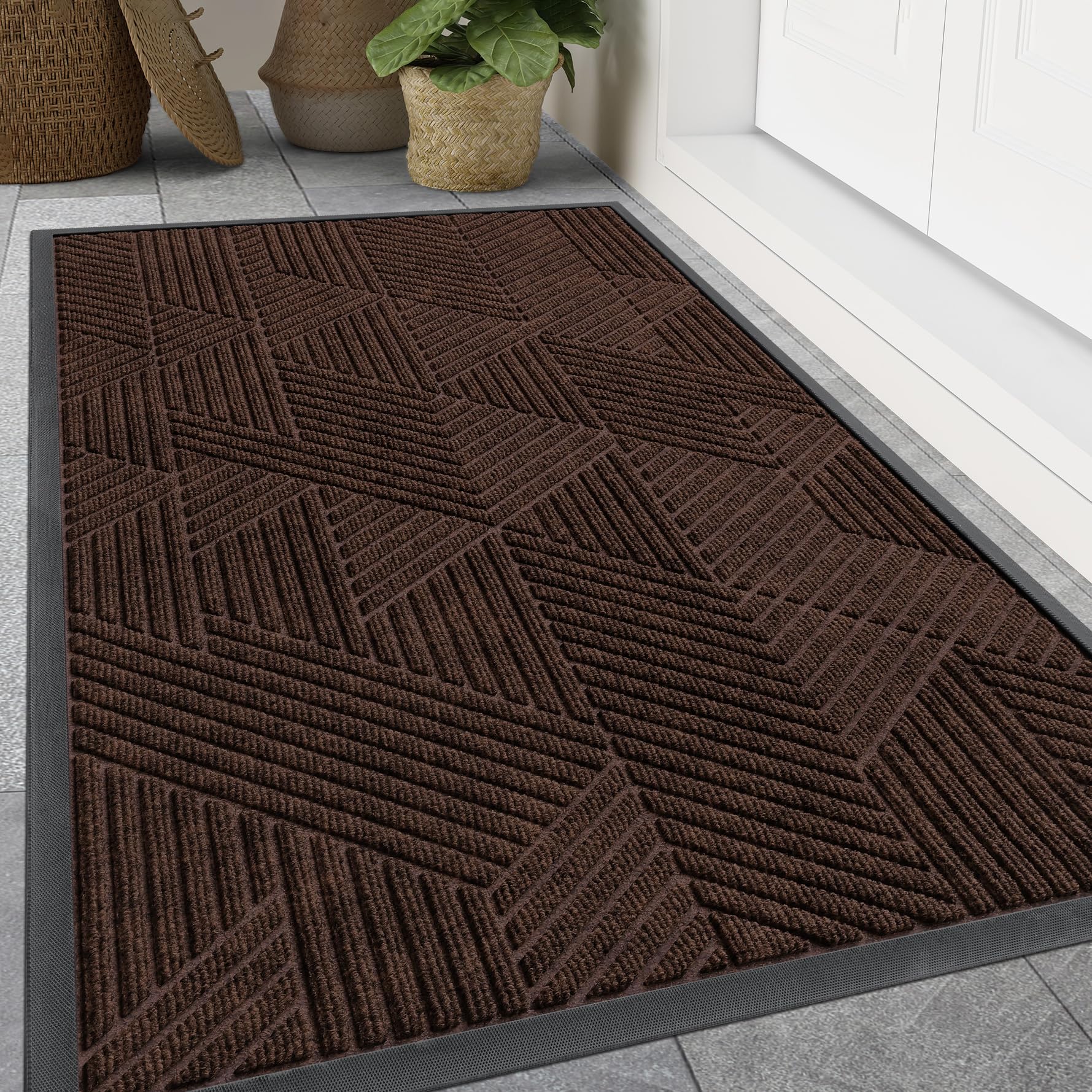 Smiry Front Door Mat Outside Entrance, Heavy Duty Sturdy Natural Rubber Doormat, Trap Dirt and Moisture, Easy Clean Low Profile Mats for Indoor Outdoor Entry, Irregular Triangle (47x30, Dark Brown) Image