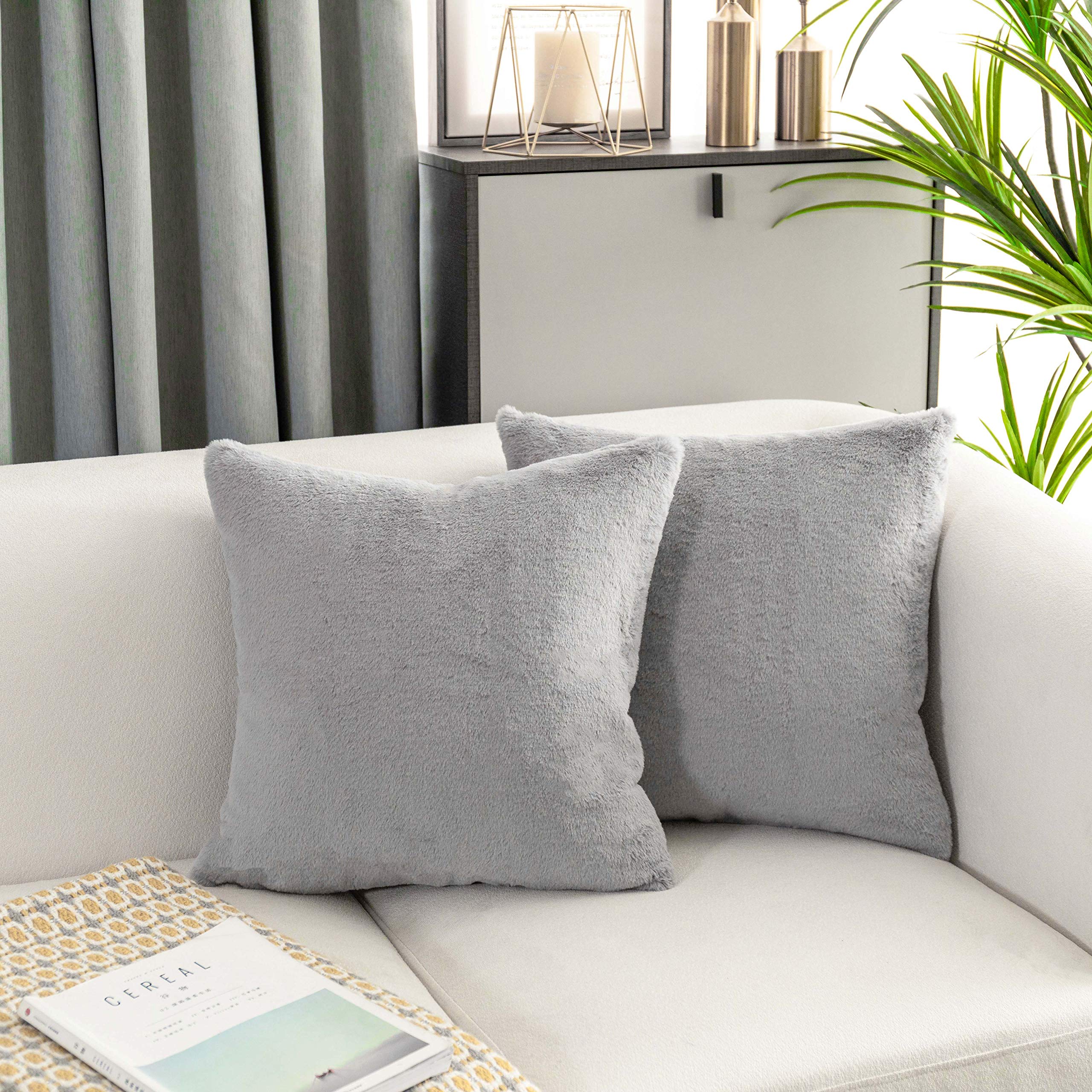 Home Brilliant Fluffy Grey Cushion Covers 45cm x 45cm, Soft Faux Fur Decorative Square Throw Pillowcases for Sofa Car Office, Plush Sheepskin Cushion Cover, 2 Pcs, (45 x 45, Grey) — image 1