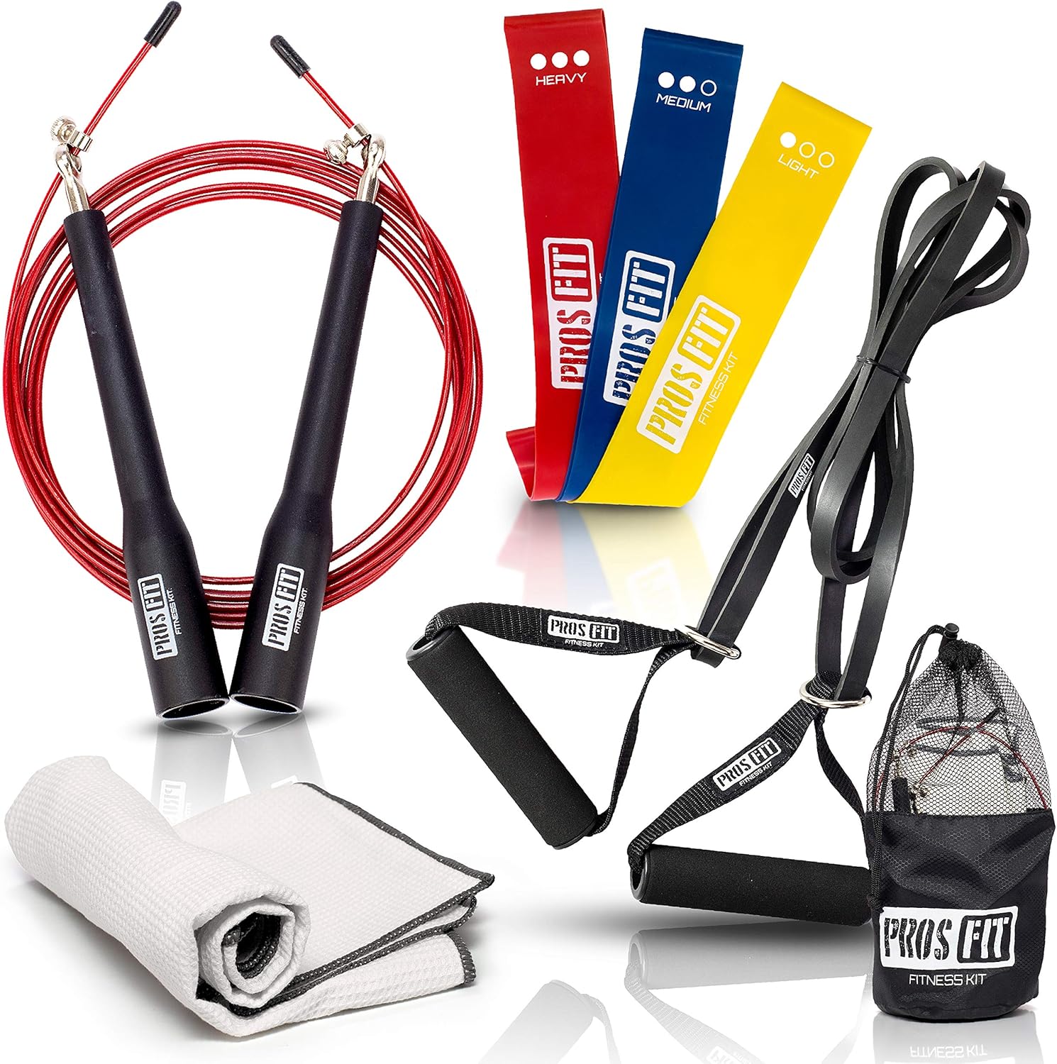 Pros-Fit Resistance Bands Exercise Loops Set of 3, Power Loop with Handles, Adjustable Speed Jump Rope, Fitness Gym Towel – Includes Bonus Online Workout Video & Carry Bag