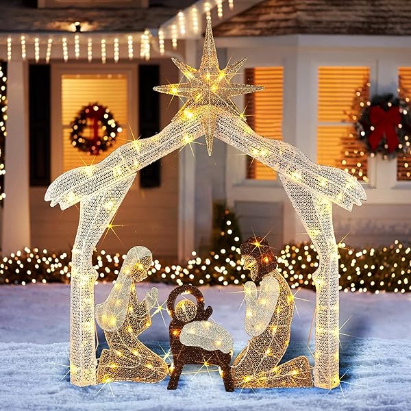HOURLEEY 4FT LIGHTED CHRISTMAS NATIVITY SCENE, CHRISTMAS OUTDOOR DECORATIONS WITH 120 COUNT PRE-LIT WARM WHITE LIGHTS, HOLY FAMILY FOR XMAS OUTSIDE YARD GARDEN HOLIDAY DECOR
