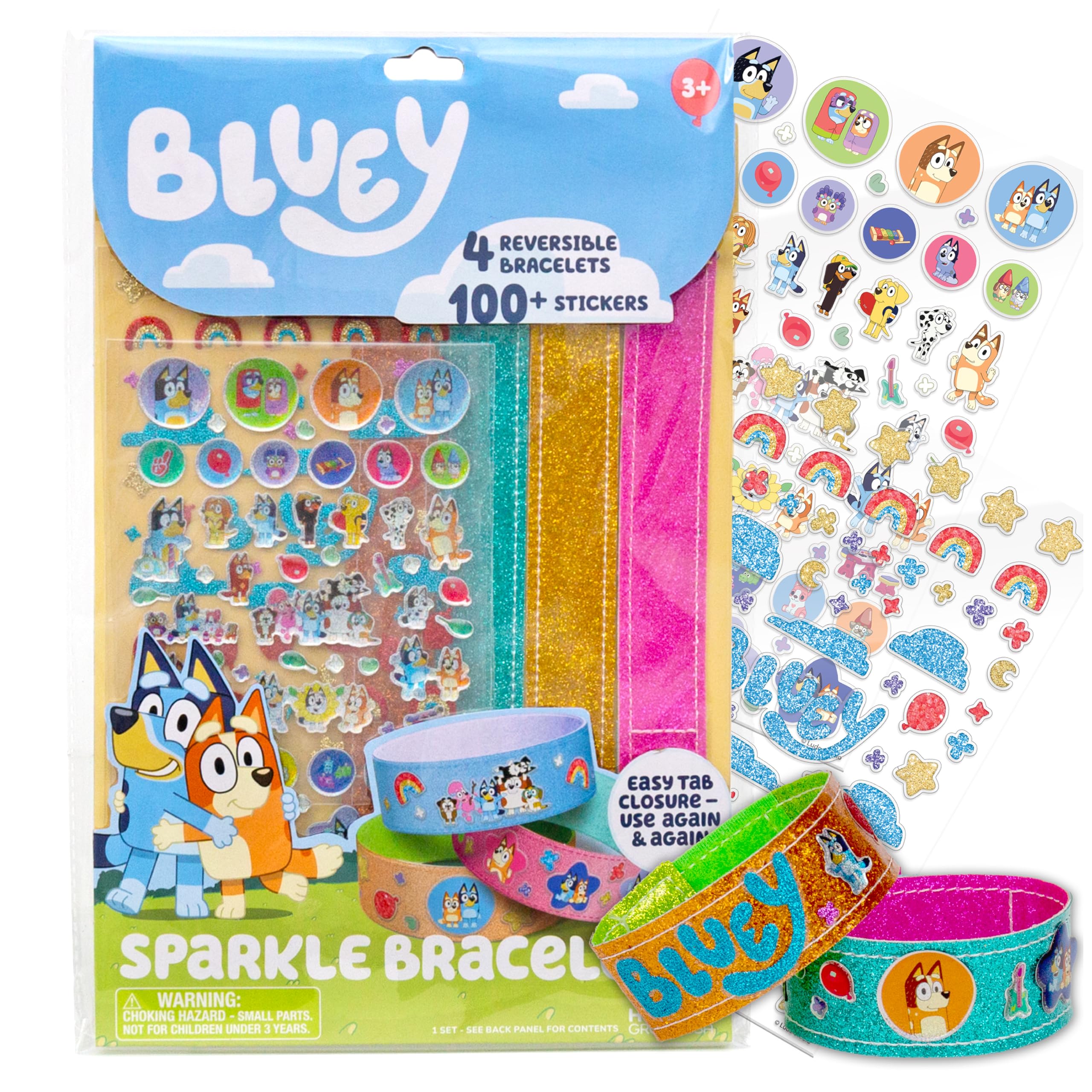 Bluey Sparkle Bracelet Making Kit, 4 Reversible Bracelets with Easy Closure, 100+ Traditional and Puffy Resin Stickers, DIY Bluey Jewelry, Arts and Crafts for Kids Age 8-12, Toddler Gifts