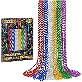 12 PCS Mardi Gras Beads Necklaces, 33" Metallic 6 Kinds Color Beaded Stuff Set, Festival Parade Throws, Colorful Assorted Carnival Costume Accessories for Christmas Parade Party Favors Decorations
