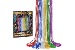 HUSKEIN 12 PCS Mardi Gras Beads Necklaces, 33" Metallic 6 Kinds Color Beaded Stuff Set, Festival Parade Throws, Colorful Assorted Carnival Costume Accessories for Christmas Parade Party Favors Decorations